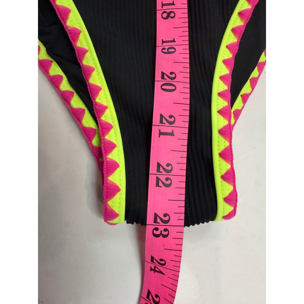 Popvil Womens Ribbed One Piece Swimsuit Black Neon Pink Yellow Trim High Cut NEW - Picture 6 of 12